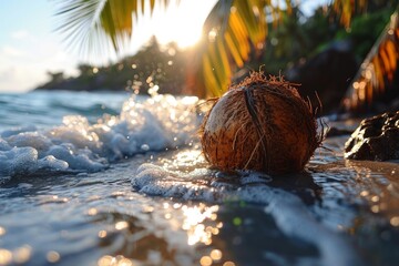 Sand caresses the beach's coast, where outdoors, a coconut symbolizes the exotic shore, a quintessence of summertime travel in the tropics