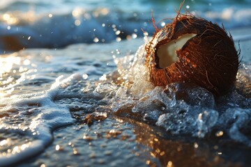 A coconut rests on the exotic shore, epitomizing summertime in the tropics; a serene beach scene that beckons travel outdoors along the coast and sand