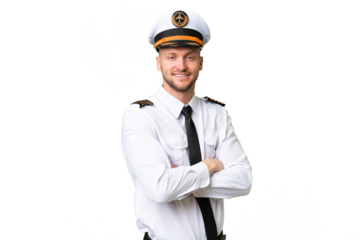 Airplane pilot man over isolated background with arms crossed and looking forward