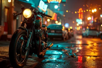 Foto op Aluminium Ride into sunset, a motorcycle gang stops at a bar, where America's biker brotherhood celebrates freedom, their motorbikes and band united © jechm