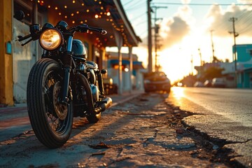 Ride into sunset, a motorcycle gang stops at a bar, where America's biker brotherhood celebrates freedom, their motorbikes and band united - obrazy, fototapety, plakaty