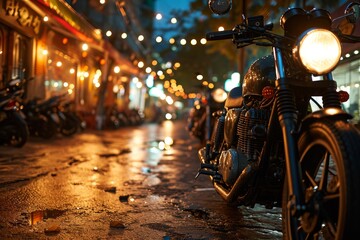 Gang of bikers, bonded in brotherhood, pause their motorbike ride at an American bar, celebrating the band's spirit of freedom at sunset