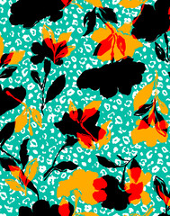Seamless flowers pattern with leopard background.	
