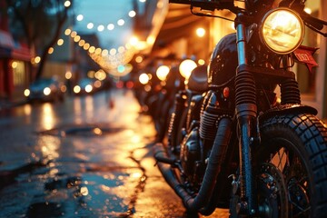 In America, a biker gang enjoys the freedom of a sunset ride; brotherhood shines at a roadside bar, motorcycles and motorbikes parked nearby - obrazy, fototapety, plakaty
