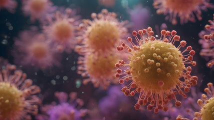 Naklejka na ściany i meble İmaginary virus molecule. Virus or germs illustration. Human immune system virus. AI generated image