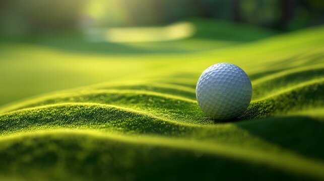 Precision and skill in golf, abstract golf ball trajectory over a stylized course, smooth curves and soft greens