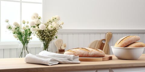 Fototapeta na wymiar Product display on white tabletop with bread basket, napkin, flower vase over blurred white kitchen. , .