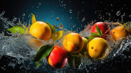 Smooth Fresh Ripe Organic Mango Fruit with leaf falling into water and splashes created with Generative AI Technology
