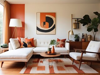 Living room mid century style with warm colors