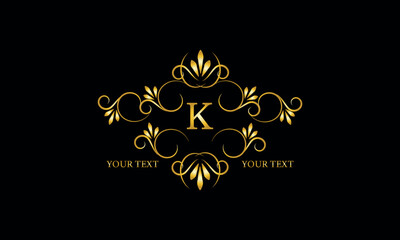 Luxury gold initial letter K monogram with frame ornament for boutique, beauty spa, hotel, resort, restaurant, jewelry, cosmetic logo design, wedding.