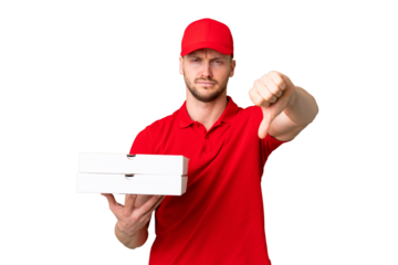 Pizza delivery man with work uniform picking up pizza boxes over isolated chroma key background showing thumb down with negative expression