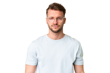 Young handsome caucasian man over isolated chroma key background With glasses
