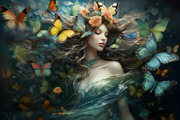 a young woman with butterflies and flowers on the background. the concept of spring, beauty