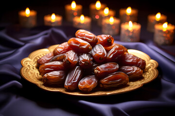 dates in a gold plate. burning candles. Ramadan concept