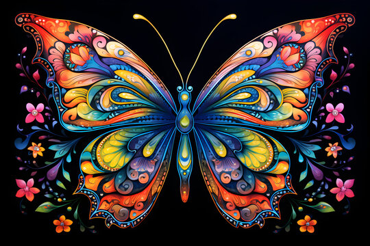 a multicolored large butterfly and flowers on a black background.