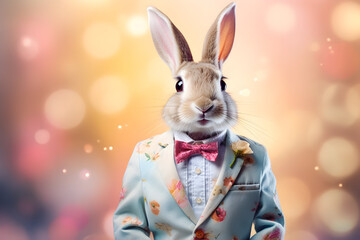 style rabbit in in a jacket,pink bow tie on a soft pastel background with bokeh