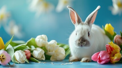 Fototapeta na wymiar Easter bunny with tulips flower on a blue background