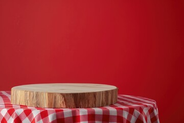 Empty wooden podium with tablecloth for product display over red background. Holiday mock up for design and presentation