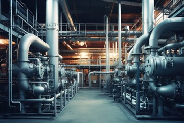 Modern industrial building with pipes, heat exchangers and valves. - obrazy, fototapety, plakaty