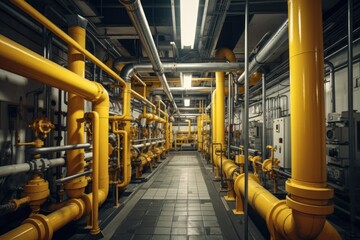 Obraz premium Modern industrial building with pipes, heat exchangers and valves.