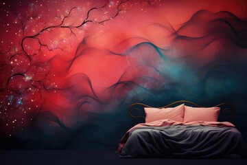 Double bed in a dark room with red and blue dreamy background. National Bed Month
