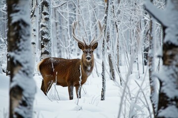 Naklejka na ściany i meble Deer in the forest in winter.