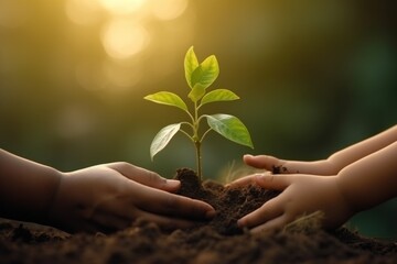 Hand holding green plant or tree in soil with sunlight background. Plant growth and ecology concept Sustainability and investing in people and soil for the future