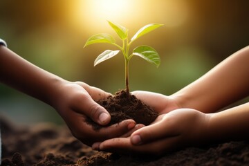 Hand holding green plant or tree in soil with sunlight background. Plant growth and ecology concept...