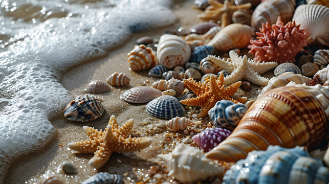 Closeup photo collection of seashells. Amazing background summer vacation concept.

