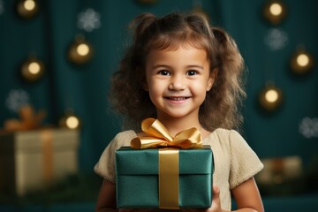 Fototapeta na wymiar A little girl holds a birthday gift box on a green background.
