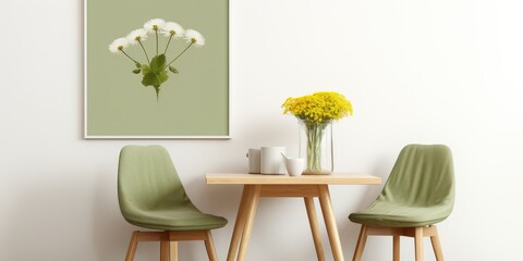 Home decor template for dining room with mock up poster frame, round table, green shelf, vase of flowers, stylish chair, vase of dried flowers, and personal accessories.