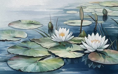 Foto op Canvas Watercolor painting of water lilies and green leaves in a pond © Harry
