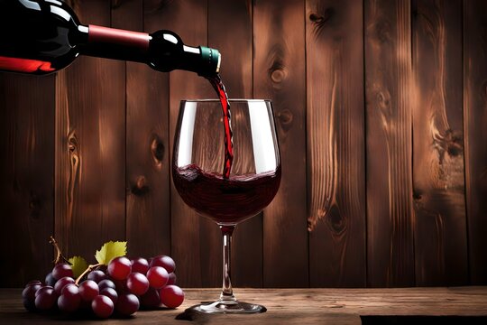 Pouring red wine into the glass against wooden background 