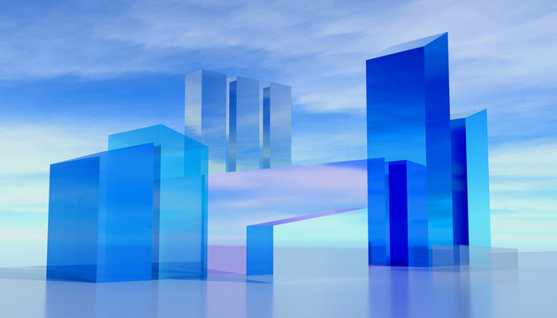 3d render of abstract futuristic architecture background with empty reflective concrete tile floor. Concept for presentation, keyword, headline, advertising. Glass architecture building shapes art.