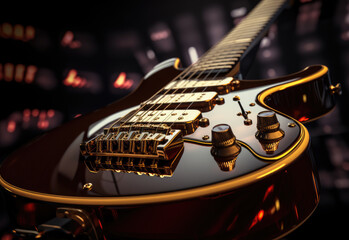 A mesmerizing shot of a well-loved electric guitar, with its taut strings and intricate details,...