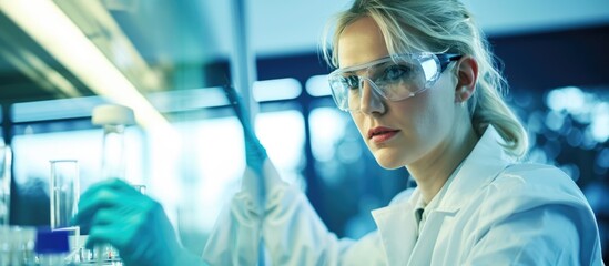Blond researcher in lab examining chromosome results with safety gear. - obrazy, fototapety, plakaty