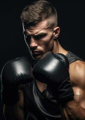 muscular handsome male boxer in boxing gloves on a black background, studio photo, portrait of an athlete, training, face, brutal, strong man