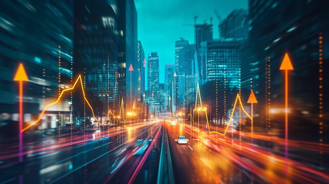 Visual representation of corporate growth, abstract upward arrows and graphs merging with a thriving cityscape