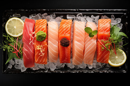 A beautifully arranged sushi platter featuring fresh sashimi slices of tuna and salmon, garnished with lemon slices, wasabi, and herbs, presented on a bed of ice.