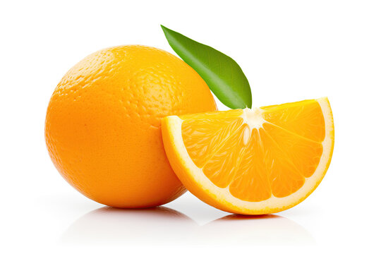 A vibrant image showcasing a whole orange with a green leaf and a juicy slice, isolated on a white background.
