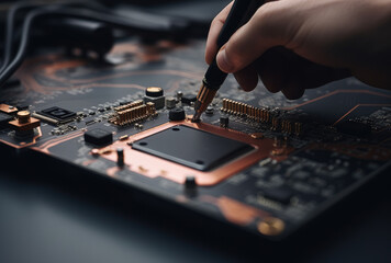 Obraz premium An expertly crafted circuit board serves as a canvas for the intricate dance between human and technology, as a hand delicately wields a pen to create the next electronic marvel