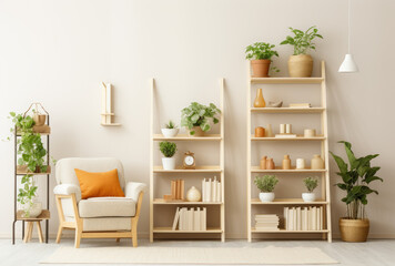 Fototapeta na wymiar A cozy corner of greenery and organization, with a wall of shelves displaying a variety of houseplants in miniature flowerpots and vases, complemented by a simple chair and modern interior design