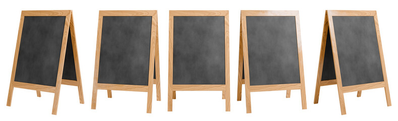 Portable street advertising board. Wooden sandwich panel with blackboard. 3D rendered set. © Vitaly
