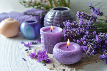 Spa products, soaps, salts and lit candle with lavender flowers