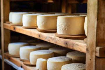 Fototapeta na wymiar Aged Cow's Milk Cheese on Rustic Wooden Shelves