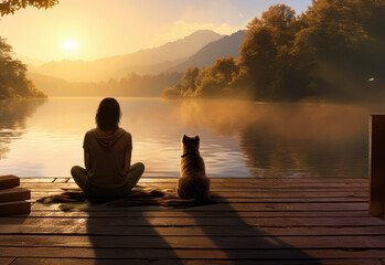 As the morning sun rises over the serene lake, a woman and her faithful dog sit on the foggy dock, admiring the stunning view of the misty mountains and colorful sky