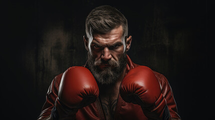 muscular handsome male boxer in boxing gloves on a black background, studio photo, portrait of an athlete, training, face, brutal, strong man