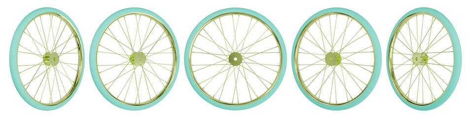Lime color bicycle wheel in different positions. 3D rendering.