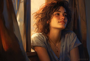 A pensive woman with long hair gazes out of a window, her face reflecting the stillness of the indoor setting and the complexity of her thoughts