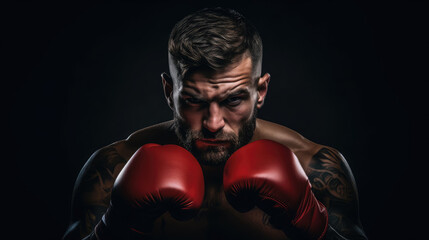 muscular handsome male boxer in boxing gloves on a black background, studio photo, portrait of an athlete, training, face, brutal, strong man